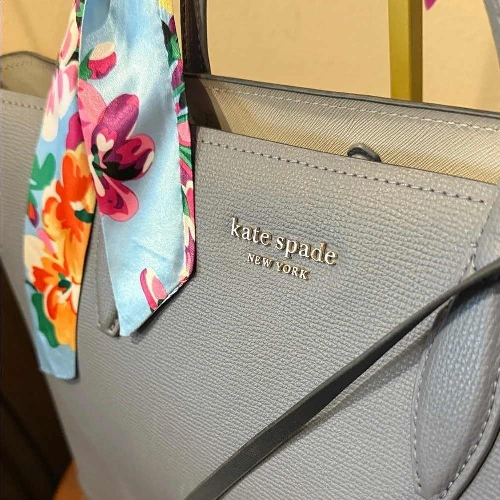 Kate Spade Gray Tote with Floral Scarf and Pouch designer purse wristlet